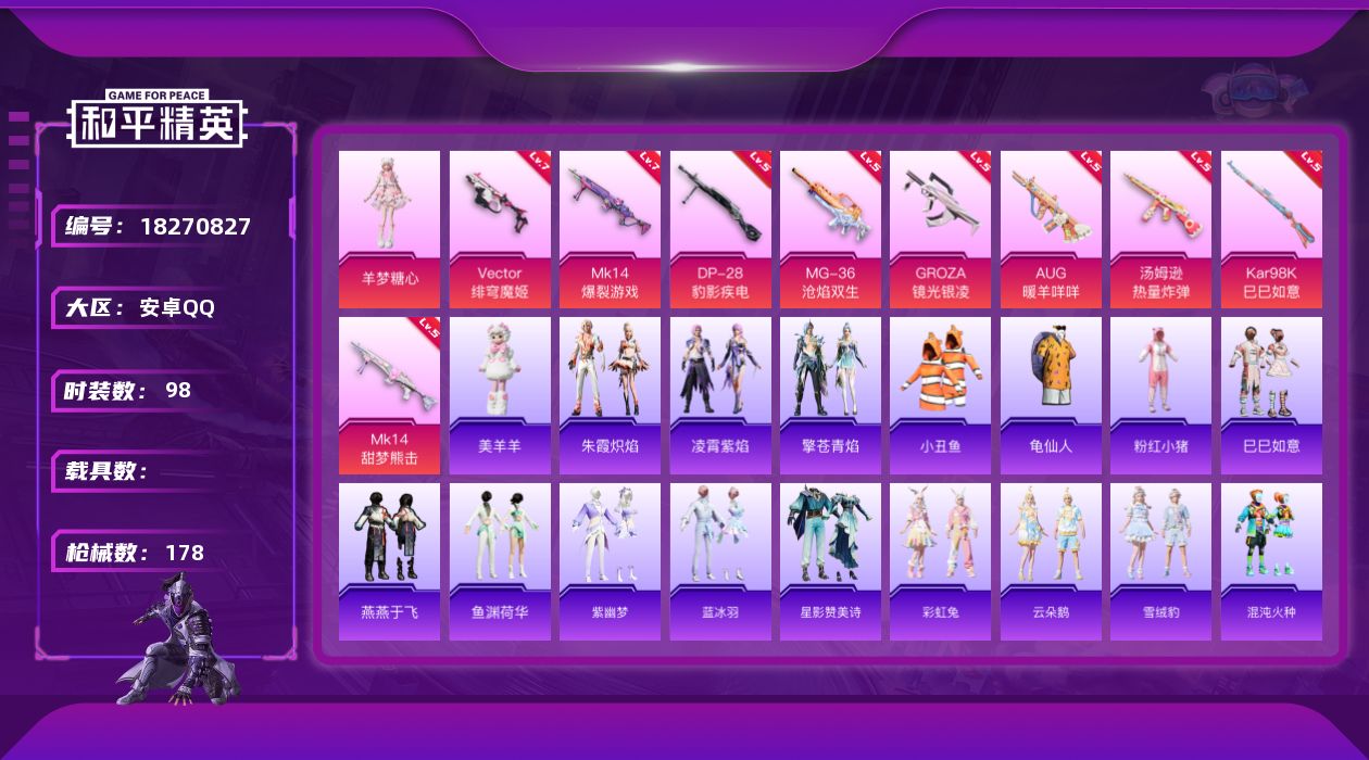 和平精英账号安卓QQ[18270827]安卓 手Q-1粉装-10特效枪-0载具-1粉色飞行器-46466热力值-2王牌印记-98套装-178枪皮
【热门品类】：套装-小丑鱼，套装-龟仙人，套装-粉红小猪
【粉色套装】：角