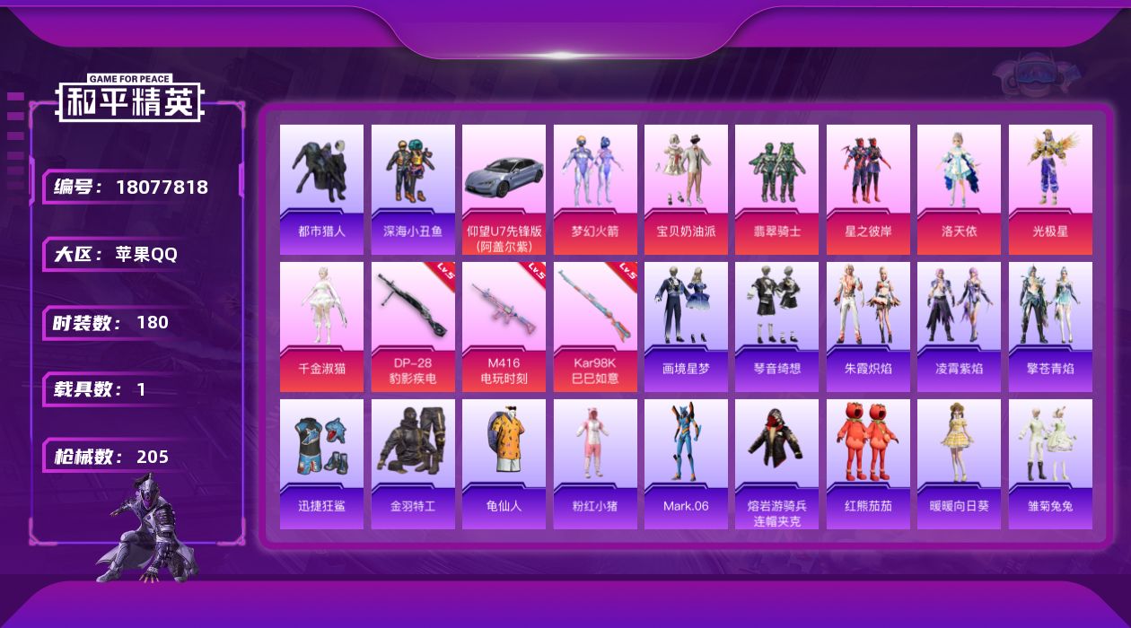 和平精英账号苹果QQ[18077818]【店主推荐捡漏号！可直接换绑】苹果 手Q-7粉装-4特效枪-1载具-1粉色飞行器-70980热力值-9王牌印记-180套装-205枪皮【热门品类】：粉装-梦幻火箭，套装-都市猎人，