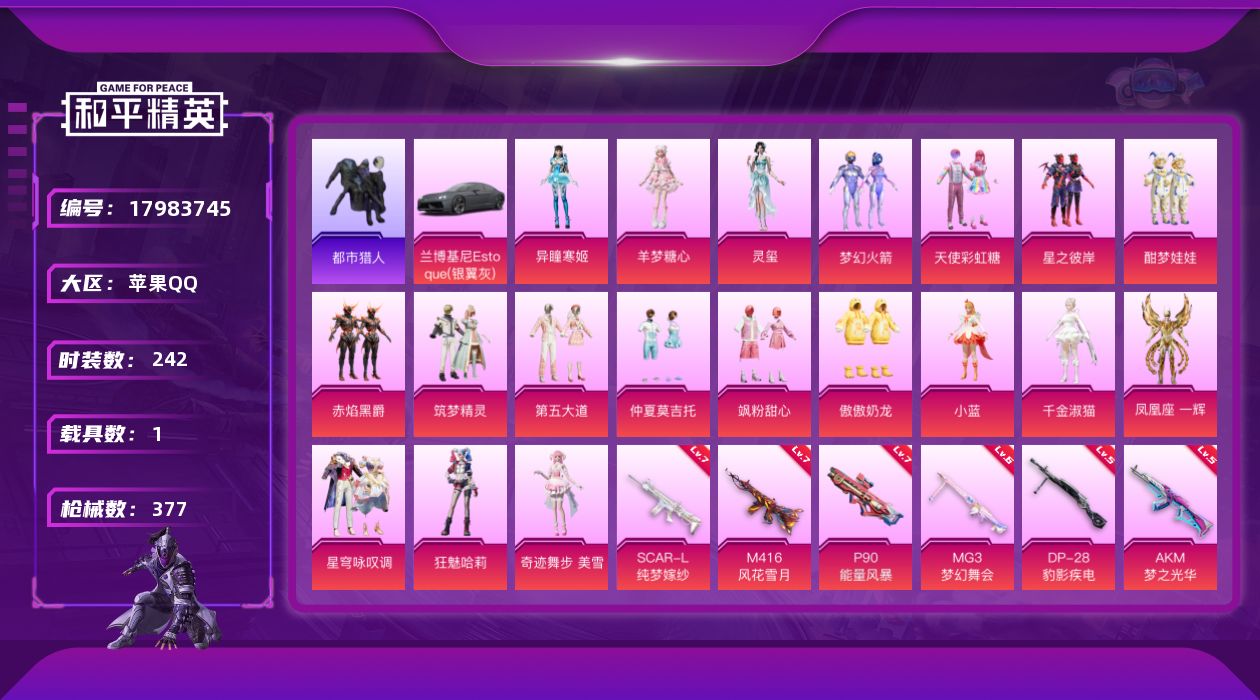 和平精英账号苹果QQ[17983745]苹果 手Q-19粉装-17特效枪-1载具-13粉色飞行器-123633热力值-21王牌印记-242套装-377枪皮
【热门品类】：粉装-梦幻火箭，套装-都市猎人，套装-小丑鱼，角色