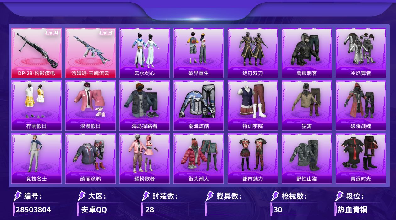 [28503804]【FK8768】28套装/枪械2/装备31/战备22/热力值8143/三级汤姆逊玉魄流云/四级DP28豹影疾电/神印王座降落伞/汤姆逊玉魄流云/DP28豹影疾电/冷焰舞者/柠萌假日/浪漫假日/海岛探路者/潮流炫酷/特训学院/猛禽/破晓战魂/竞技名士/绮丽涂鸦/耀粉歌者/街头潮人/都市魅力/野性山猫/青涩时光/魅力单车/鹰眼刺客/AKM影袭/M416红色方程式/AUG耀粉歌者/UZI炫彩节奏/Vector彩虹符号/SKS炫彩节奏/恋语绒绒/绝刃双刀/云水剑心/破界重生