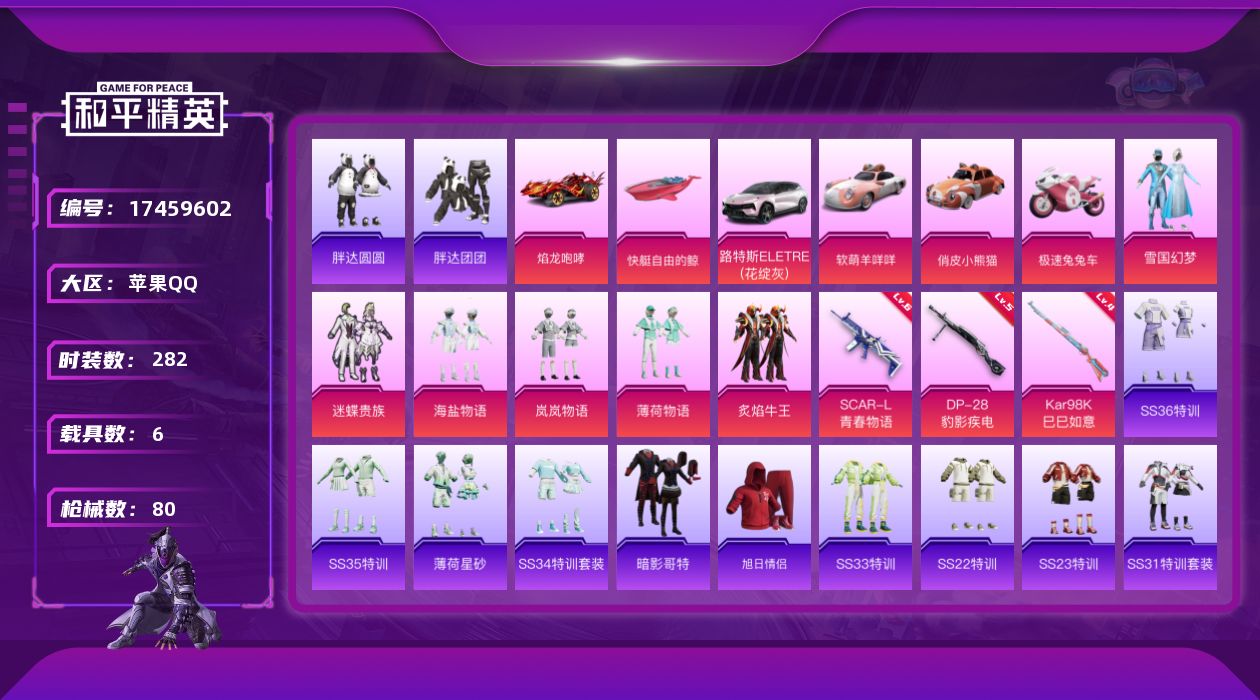 和平精英账号苹果QQ6载具-74套装-80枪皮- -7载具6粉装4特效枪7热门74套装80枪皮 35684热力值 8印记