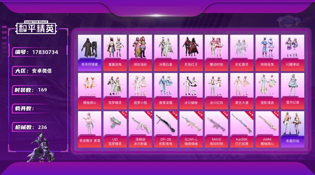 和平精英账号安卓微信DAS9817有二次 安卓V-1稀有19粉装8特效枪10热门169套装236枪皮 77820热力值 