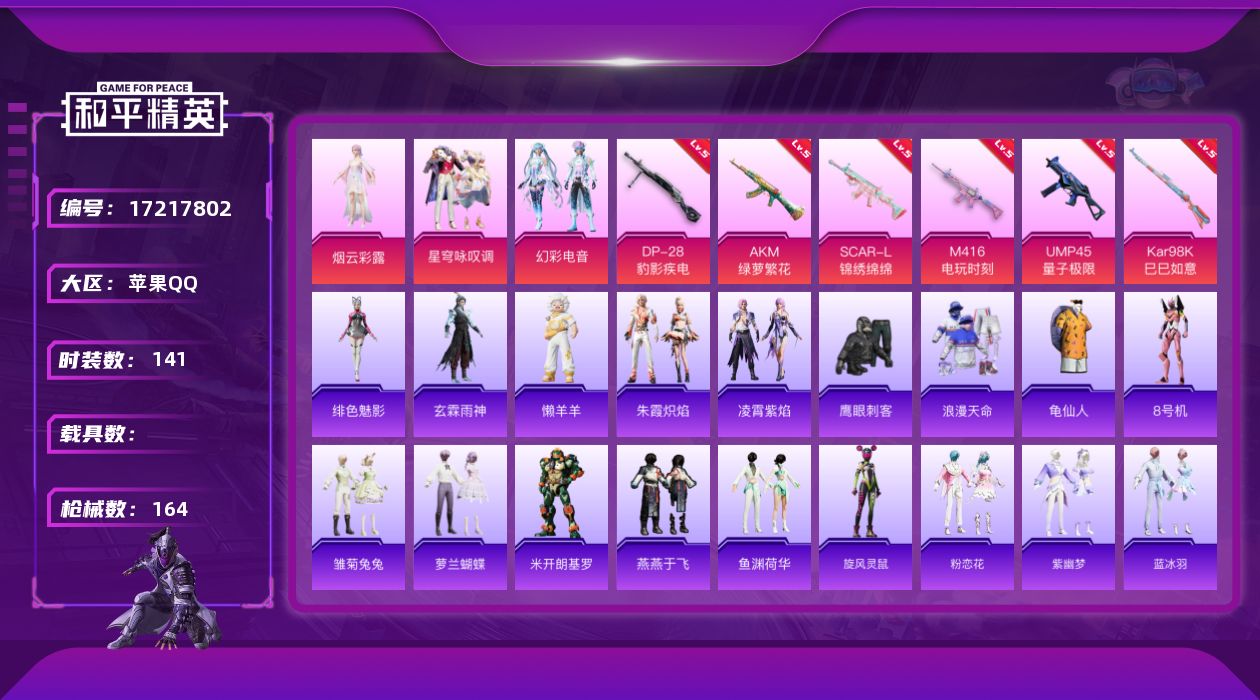 和平精英账号苹果QQ[17217802]苹果 手Q-4粉装-6特效枪-0载具-1粉色飞行器-48234热力值-5王牌印记-141套装-164枪皮
【热门品类】：套装-浪漫天命，套装-龟仙人，角色-8号机
【粉色套装】：角