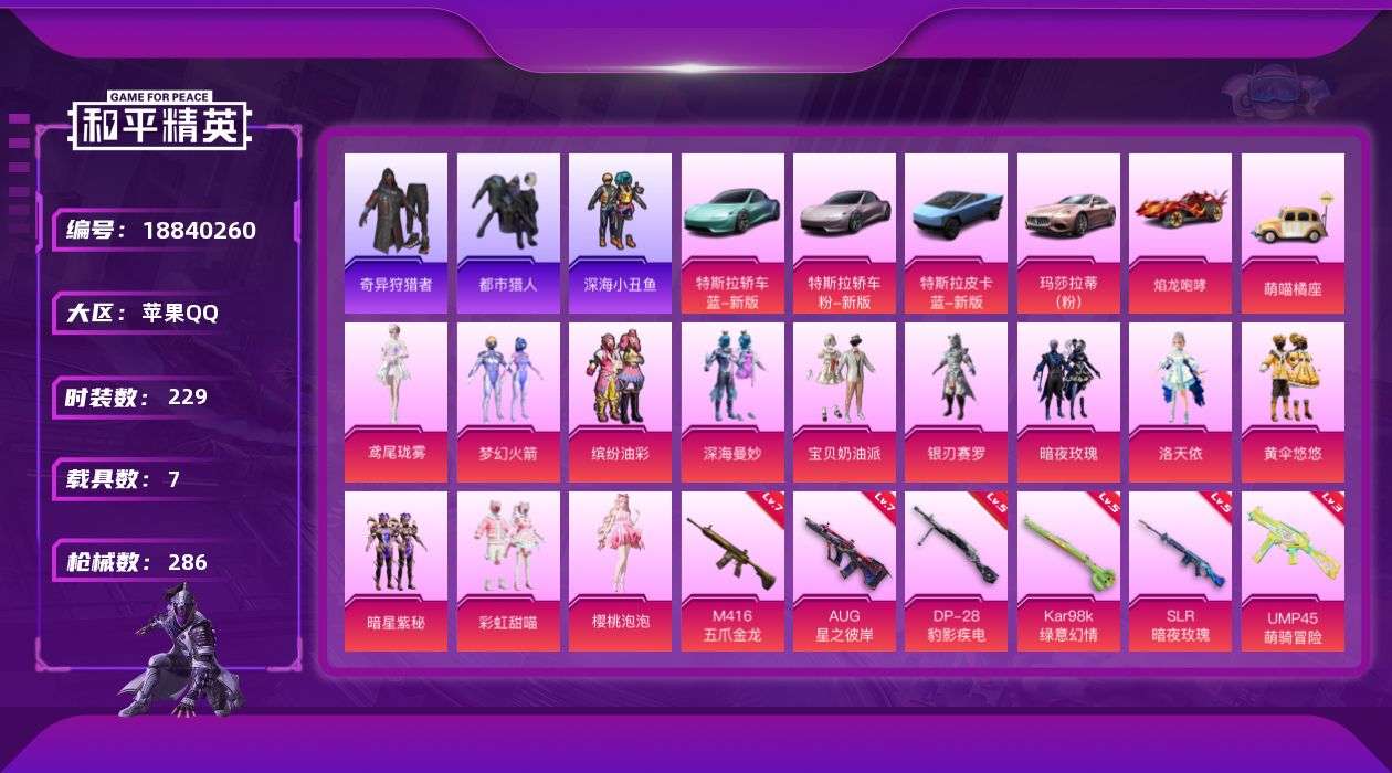 和平精英账号苹果QQ[18840260]229套装/枪械8/装备405/载具7/战备178/王牌印记4/热力值103383/七级M416-五爪金龙/七级AUG-星之彼岸/三级UMP45-萌骑冒险/五级Kar98K-绿意幻