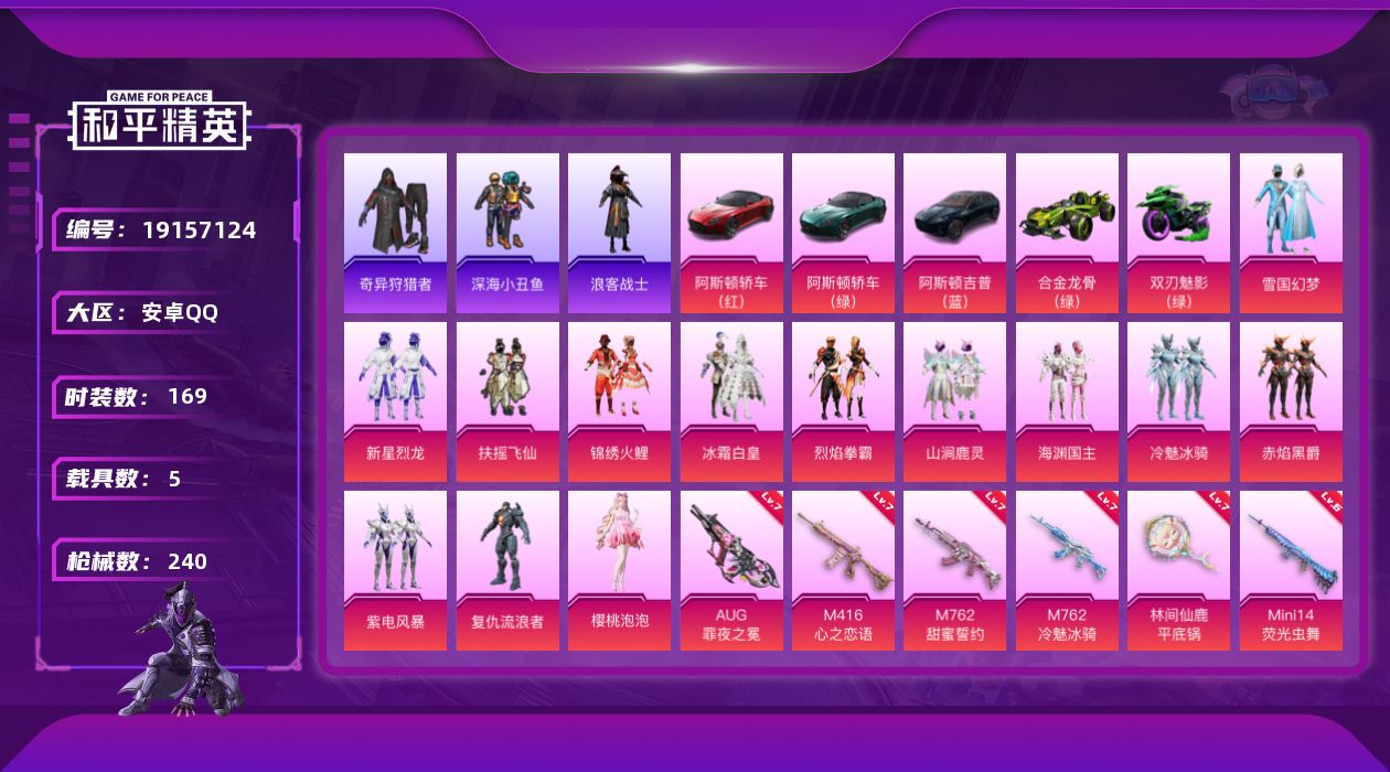 和平精英账号安卓QQ[19157124]【钱包无法注销，不影响账号安全和游戏正常】时装数: 607 载具数: 5 枪械数