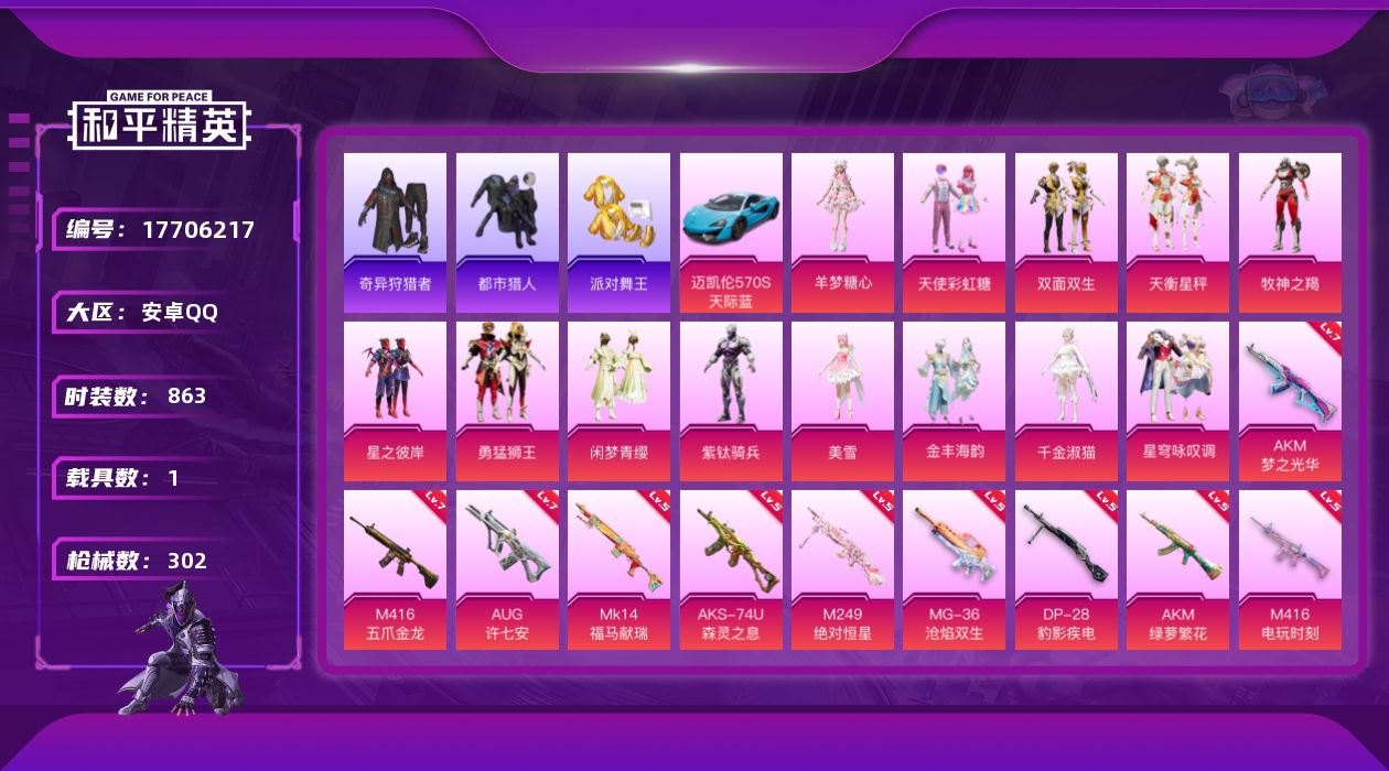 和平精英账号安卓QQ[17706217]13粉装 22特效枪 1载具 16印记 可二次 
【热门装扮】奇异狩猎者,千金淑