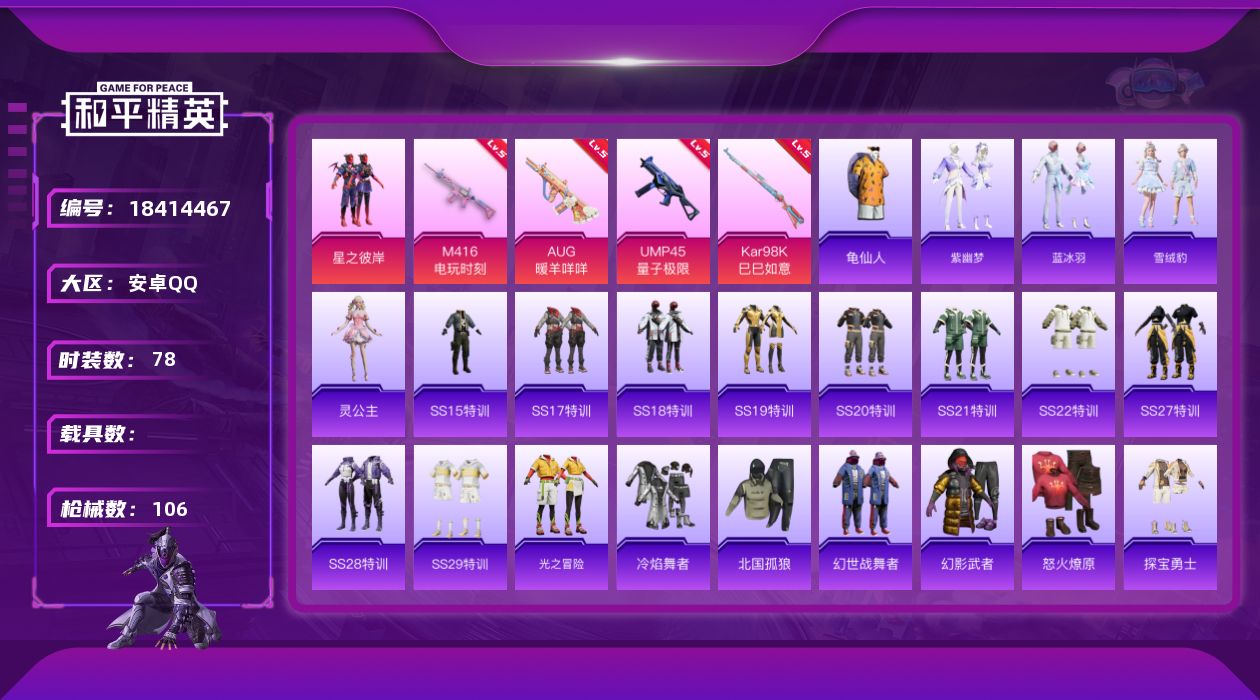 和平精英账号安卓QQ[18414467]可二次【特价出售/店主推荐】安卓 手Q-1粉装-4特效枪-32836热力值-4王牌印记-78套装-106枪皮【热门品类】：套装-龟仙人【粉色套装】：粉装-星之彼岸【粉色枪皮等级】：