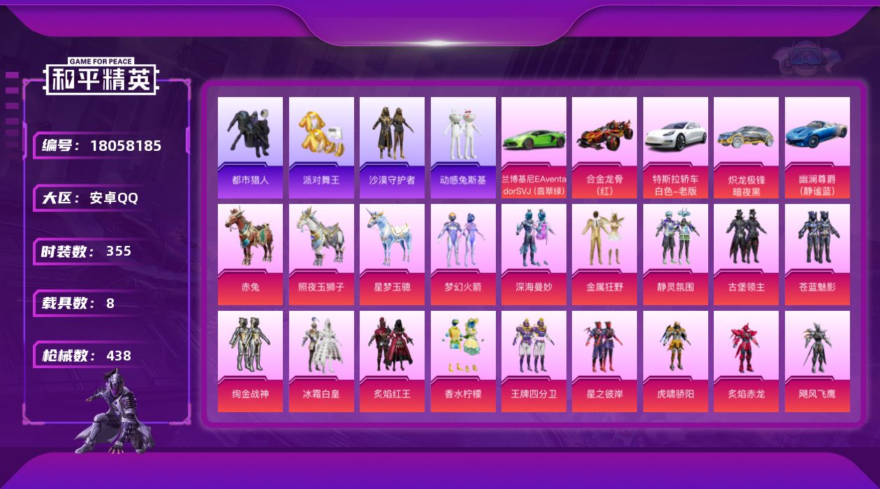 和平精英账号安卓QQ[18058185]【特价出售/店主推荐】/AUG-星梦奇缘(九级)/绝世印记1  安卓 手Q-26粉装-16特效枪-8载具-14粉色飞行器-173607热力值-31王牌印记-355套装-438枪皮【
