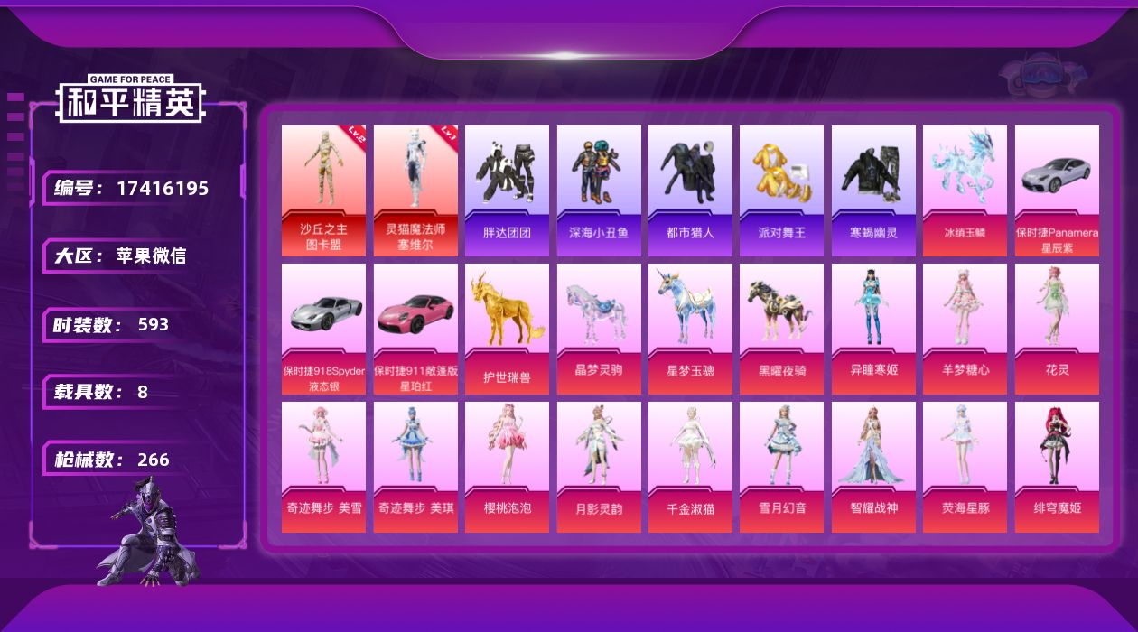 和平精英账号苹果微信8载具-171套装-266枪皮-图卡盟 塞维尔 小丑 三姐妹 红熊小番茄 寒蝎幽灵 都市猎人 金鞋子