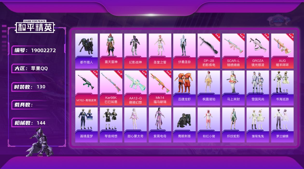 和平精英账号苹果QQ[19002272]130套装/枪械8/装备157/战备102/王牌印记2/热力值45172/五级SCAR-L-锦绣绵绵/五级GROZA-镜光银凌/五级AUG-暖羊咩咩/五级M762-青锋波束/五级K