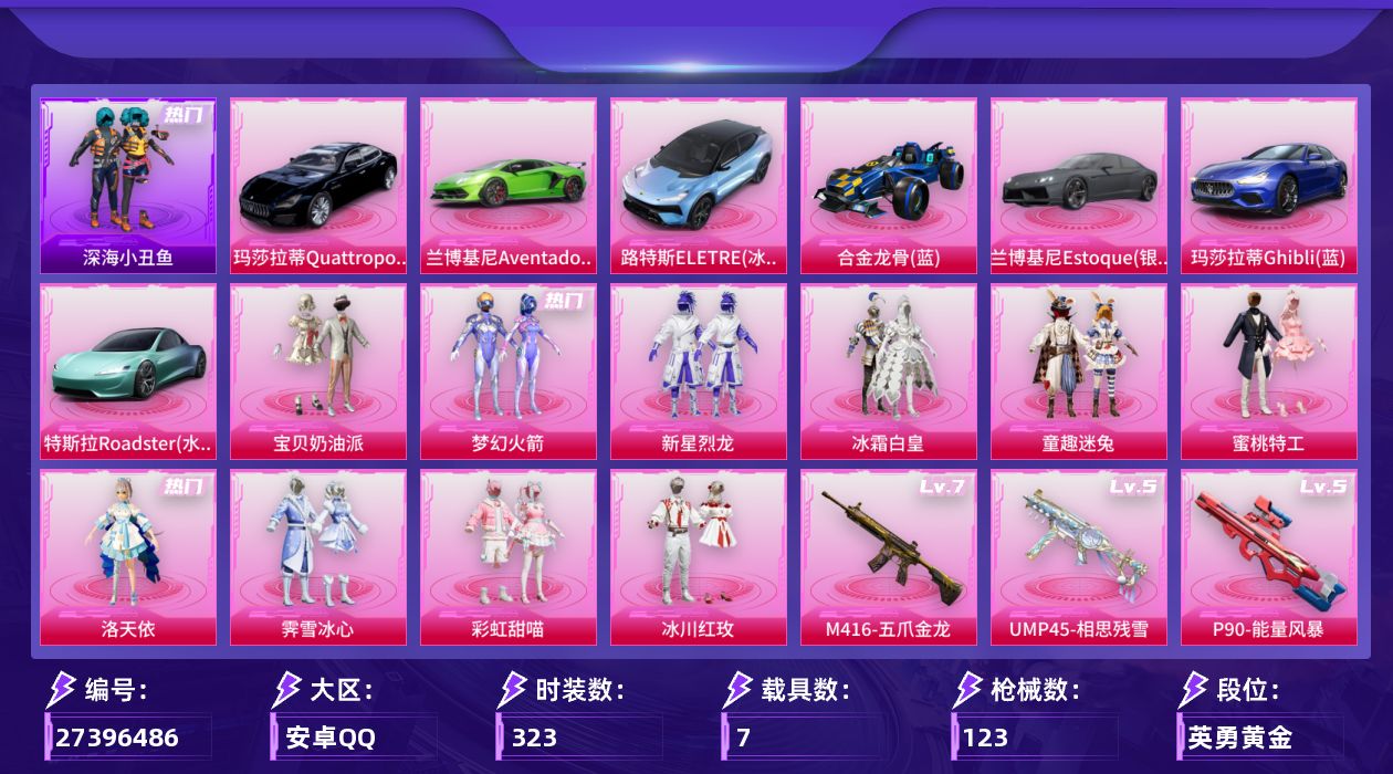 和平精英账号安卓QQ[]10粉装 7特效枪 7载具 8印记 可二次 可修改实名 
【热门装扮】梦幻火箭(新101) ,洛