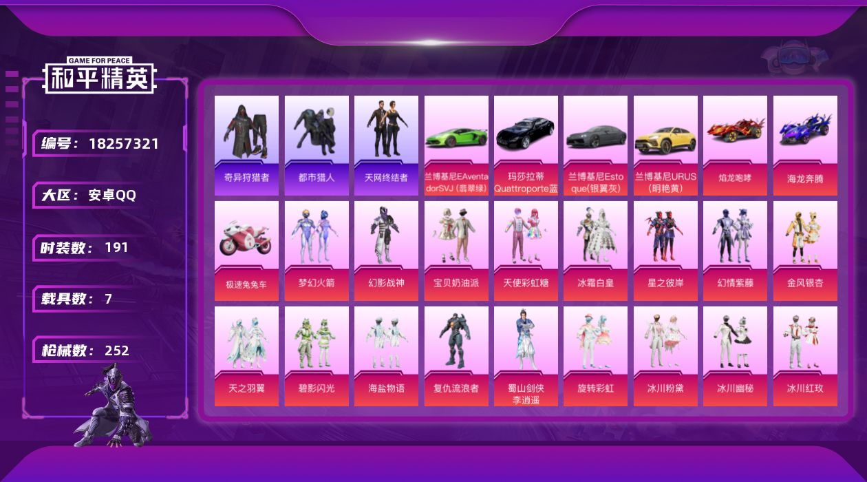 和平精英账号安卓QQ[18257321]安卓 手Q-18粉装-8特效枪-7载具-6粉色飞行器-89929热力值-7王牌印记-191套装-252枪皮
【热门品类】：粉装-梦幻火箭，套装-浪漫天命，套装-都市猎人，套装-奇异