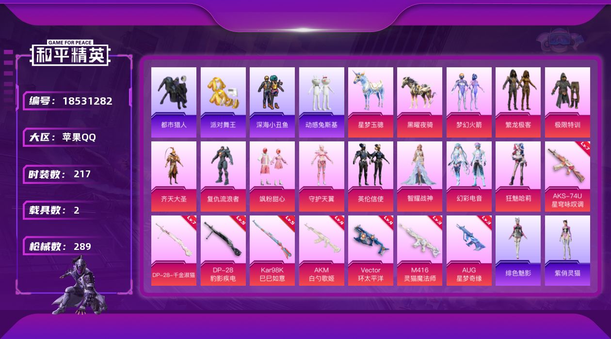 和平精英账号苹果QQ[18531282]苹果 手Q-11粉装-10特效枪-2载具-12粉色飞行器-97926热力值-16王牌印记-217套装-289枪皮【热门品类】：粉装-梦幻火箭，粉装-繁龙极客，套装-浪漫天命，套装-