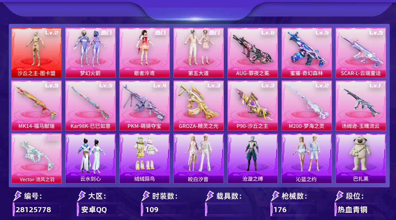 和平精英账号安卓QQ[28125778]【2103】109套装/枪械11/装备220/战备126/王牌印记9/热力值52468/梦幻火箭背包(3级)/梦幻火箭背包(2级)/梦幻火箭背包(1级)/深海小丑鱼背包(3级)/梦