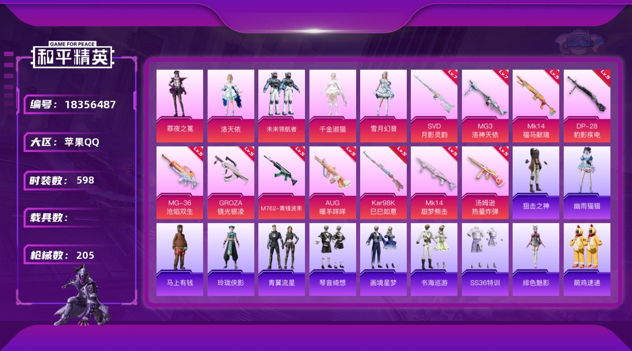 和平精英账号苹果QQ[18356487]5粉装 11特效枪 15印记 可二次 可修改实名 
【热门装扮】未来领航者,雪月