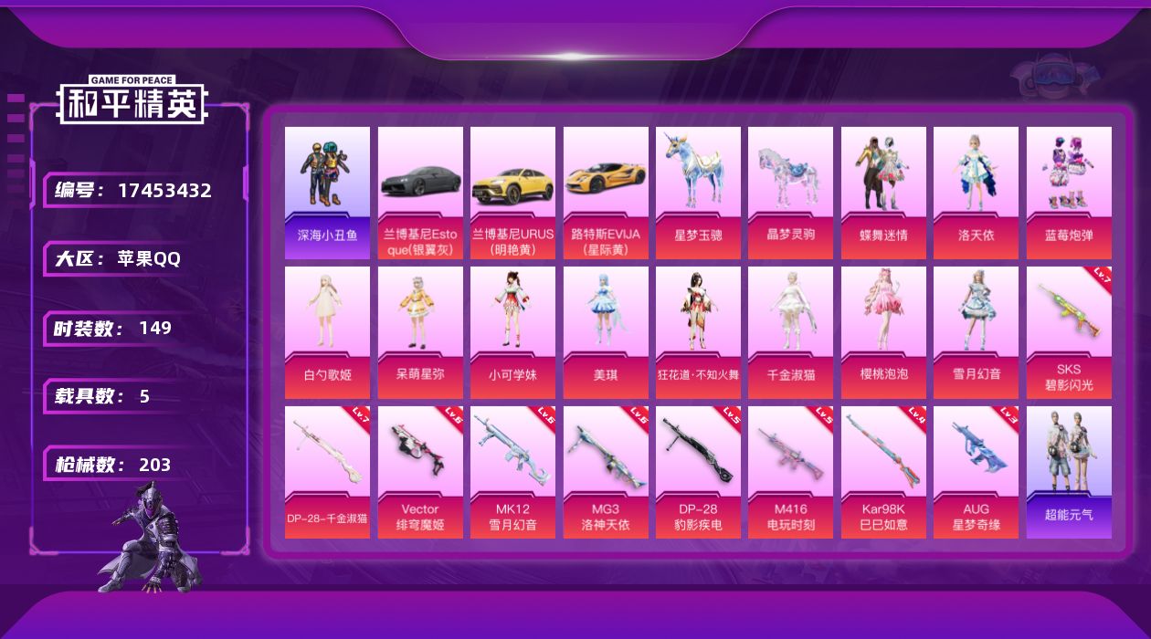 和平精英账号苹果QQ[17453432]【店主推荐捡漏号！可直接换绑】苹果 手Q-13粉装-15特效枪-5载具-5粉色飞行器-74046热力值-9王牌印记-149套装-203枪皮【热门品类】：套装-深海小丑鱼，套装-龟仙