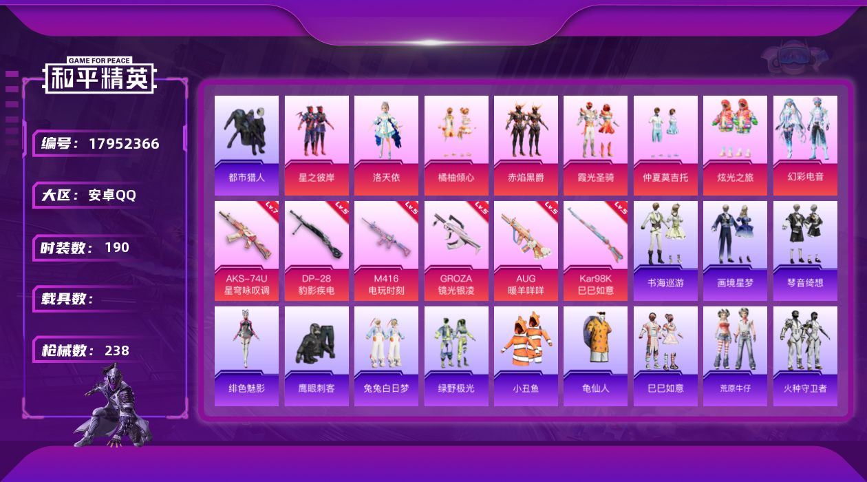 和平精英账号安卓QQ[17952366]安卓 手Q-8粉装-6特效枪-0载具-2粉色飞行器-68658热力值-4王牌印记-190套装-238枪皮
【热门品类】：套装-都市猎人，套装-小丑鱼，套装-龟仙人
【粉色套装】：粉