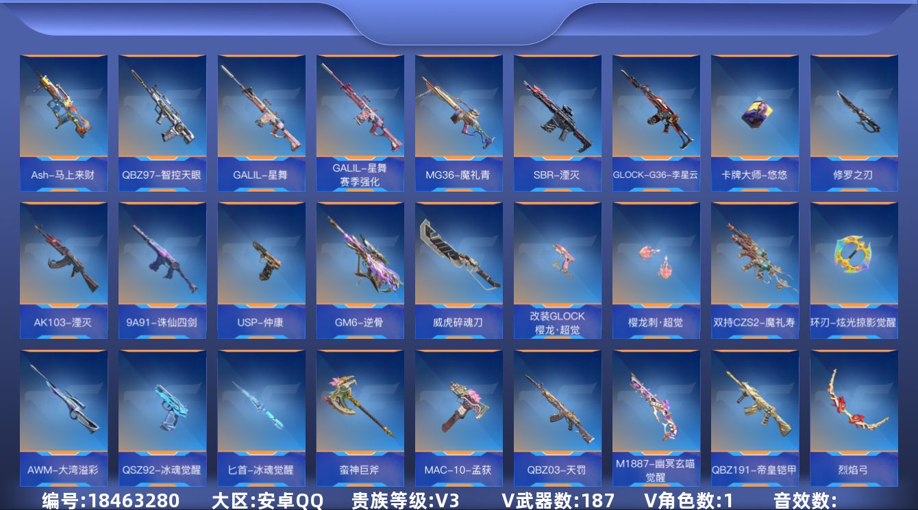 枪战王者账号安卓QQ[]V3 7王者武器 187英雄武器 1英雄角色 可二次 可修改实名 
【v武器】沙鹰-修罗-现代金属,M4A1-神工天巧,9A91-天神,AK47-谜城烟火,QBB95-再战涿鹿,M4A1-铁胆虎魄