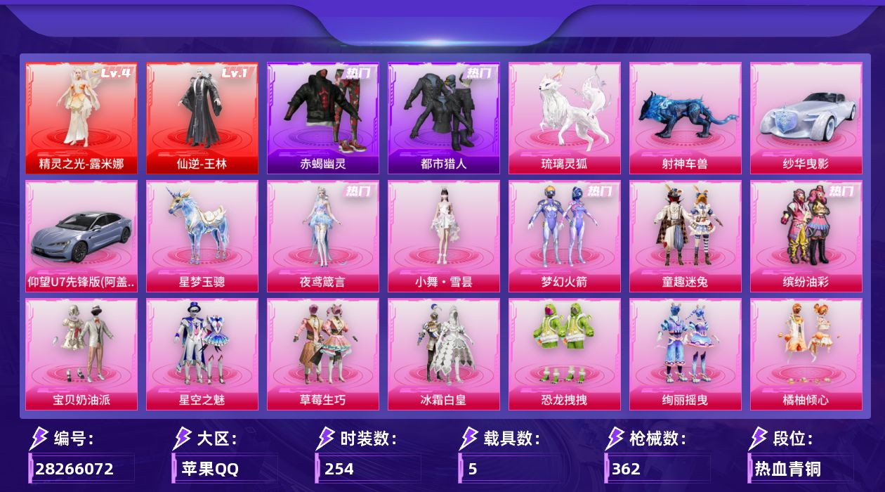 [28266072]苹果手Q-历史最高段位：无敌战神-2神装-29粉装-19特效枪-5载具-15粉色飞行器-136560热力值-19王牌印记-254套装-362枪皮
【红色神装等级】：仙逆-王林(一级)，精灵之光-露米娜(四级)
【红色角色神装】：仙逆-王林，精灵之光-露米娜
【热门品类】：粉装-梦幻火箭，粉装-童趣迷兔，粉装-缤纷油彩，套装-赤蝎幽灵，套装-都市猎人，套装-SS1特训，套装-龟仙人，套装-暗影哥特，角色-8号机，角色-Mark.06
【粉色套装】：粉装-碎梦浮光，粉装-宝贝奶油派，粉装-梦幻火箭，粉装-缤纷油彩，粉装-星空之魅，粉装-草莓生巧，粉装-冰霜白皇，粉装-童趣迷兔，粉装-恐龙拽拽，粉装-绚丽摇曳，粉装-橘柚倾心，粉装-甜梦小狐，粉装-妙趣可丽，粉装-彩虹甜喵，粉装-霞光圣骑，粉装-寒光使者，粉装-第五大道，粉装-纯珍童话，角色-白勺歌姬，角色-呆萌星弥，粉装-镜光幻境，角色-烟云彩露，角色-小蓝，角色-美雪，角色-美琪，角色-初号机 觉醒Ver.，粉装-幻彩电音，人物-小舞·雪昙，角色-夜鸢箴言
【粉色枪皮等级】：Vector-流风之羽(四级)，AKM-满月旋律(一级)，M16A4-垂柳戏鸭(五级)，M416-电玩时刻(五级)，M416-剑灵(三级)，GROZA-精灵之光(三级)，AUG-星梦奇缘(九级)，ACE32-百变纱华(三级)，UZI-筑梦精灵(七级)，UMP45-恐龙拽拽(七级)，汤姆逊-玉魄流云(三级)，Kar98K-巳巳如意(五级)，Mk14-福马献瑞(五级)，M417-第五大道(五级)，AA12-G-其乐融融(五级)，DP-28-豹影疾电(五级)，PKM-萌骑夺宝(五级)，97MG-夜鸢箴言(一级)，平底锅-仲夏莫吉托(一级)
【粉色载具】：仰望U7（阿盖尔紫），纱华曳影，星梦玉骢，射神车兽，琉璃灵狐
【粉色枪皮】：Vector-流风之羽，AKM-满月旋律，M16A4-垂柳戏鸭，M416-电玩时刻，M416-剑灵，GROZA-精灵之光，AUG-星梦奇缘，ACE32-百变纱华，UZI-筑梦精灵，UMP45-恐龙拽拽，汤姆逊-玉魄流云，Kar98K-巳巳如意，Mk14-福马献瑞，M417-第五大道，AA12-G-其乐融融，DP-28-豹影疾电，PKM-萌骑夺宝，97MG-夜鸢箴言，平底锅-仲夏莫吉托
【粉色飞行器】：炫彩糖果飞行器，满月旋律飞行