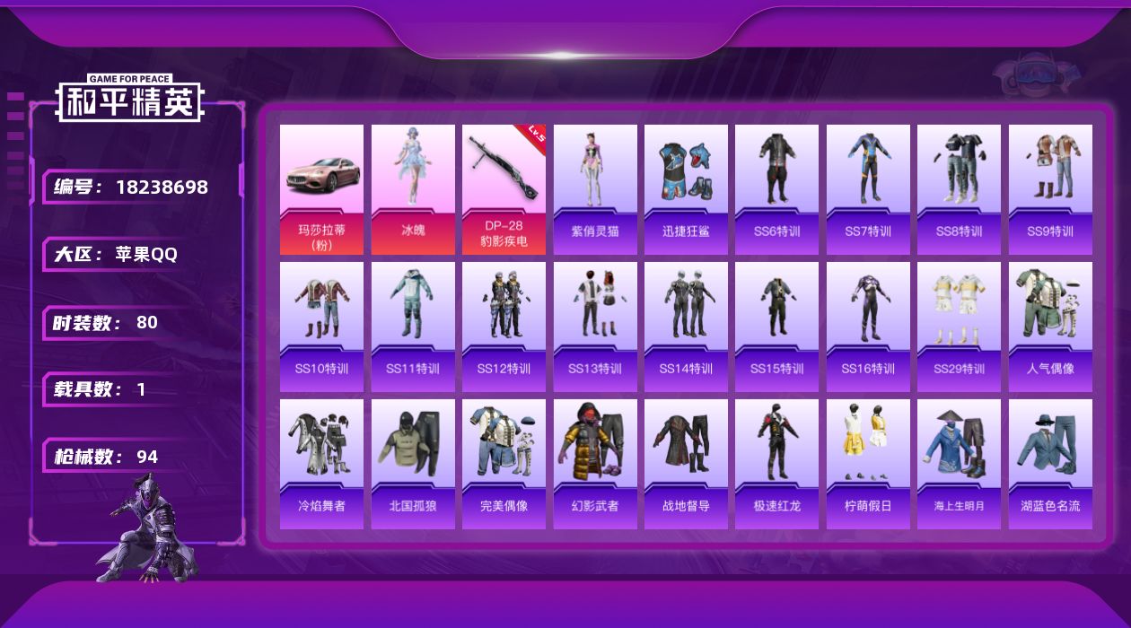 和平精英账号苹果QQ[18238698]苹果 手Q-1粉装-3特效枪-1载具-1粉色飞行器-28722热力值-4王牌印记-80套装-94枪皮
【粉色套装】：角色-冰魄
【粉色枪皮等级】：UMP45-萌骑冒险(四级)，Mk