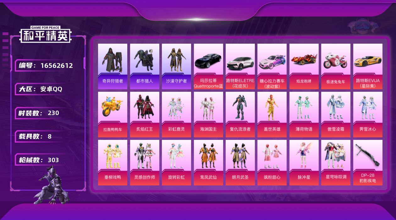 和平精英账号安卓QQ8载具-230套装-303枪皮-【8载具 9特效枪 18粉装 303枪皮 230套装】梦幻火箭 都市