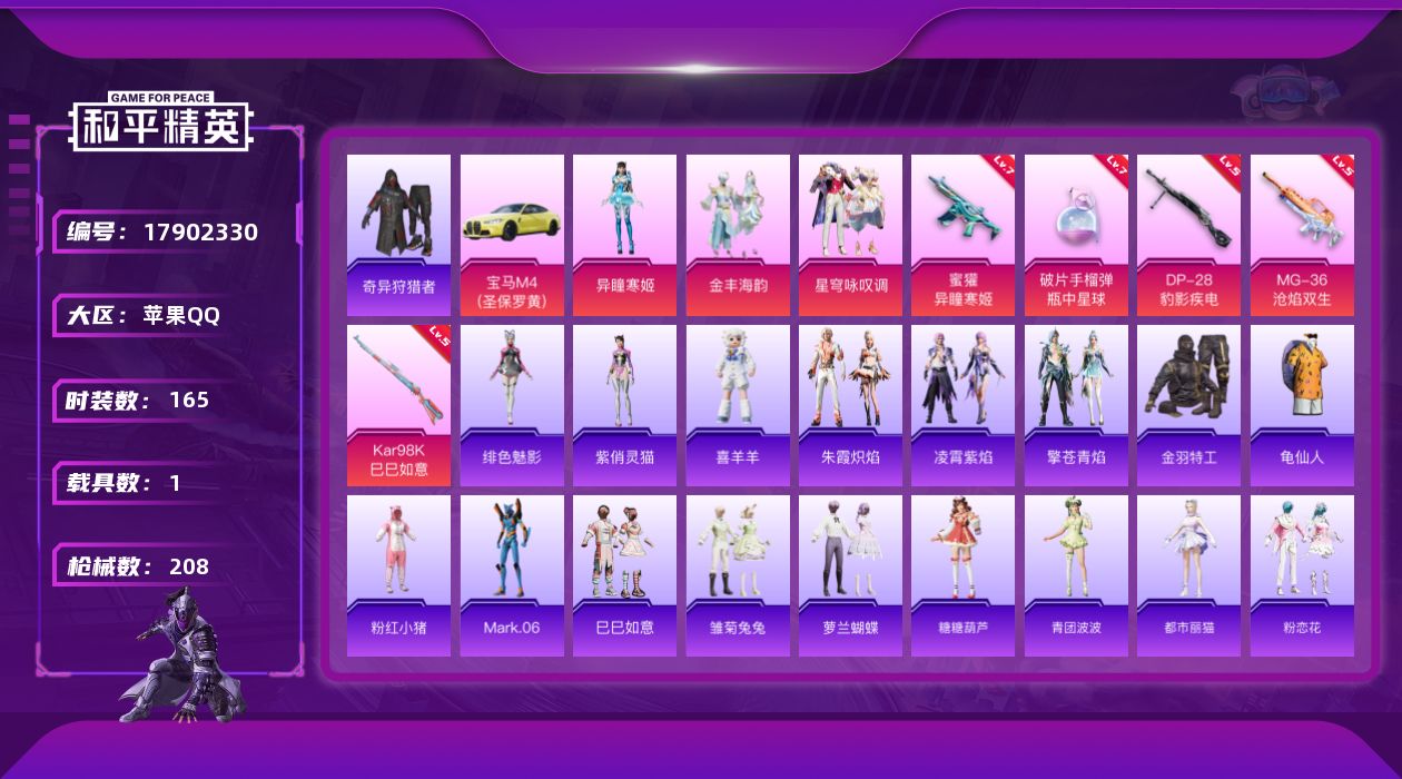 和平精英账号苹果QQ[17902330]苹果 手Q-4粉装-5特效枪-1载具-3粉色飞行器-63943热力值-12王牌印记-165套装-208枪皮
【热门品类】：套装-奇异狩猎者，套装-金羽特工，套装-龟仙人，套装-粉红