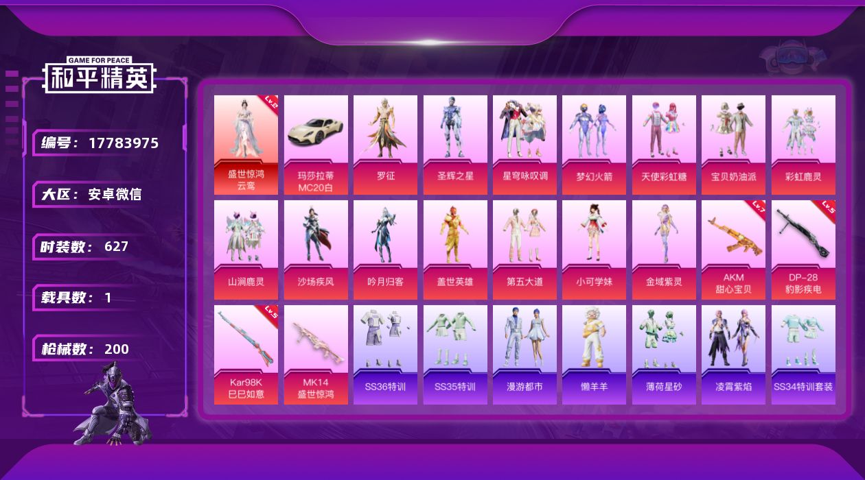 和平精英账号安卓微信1载具-172套装-200枪皮-1红装1载具14粉装4特效枪14热门172套装200枪皮 67417