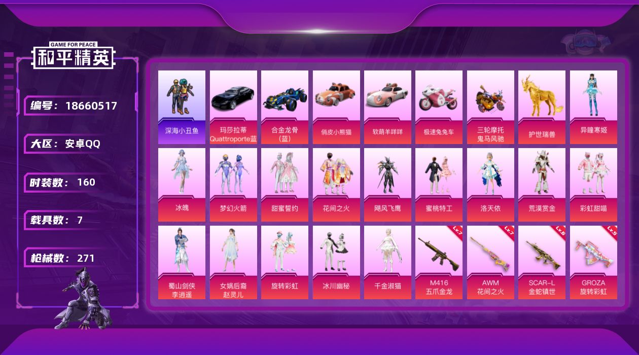 和平精英账号安卓QQ[18660517]安卓 手Q-15粉装-15特效枪-7载具-8粉色飞行器-92025热力值-13王牌印记-160套装-271枪皮
【热门品类】：粉装-梦幻火箭，套装-深海小丑鱼，角色-Mark.06