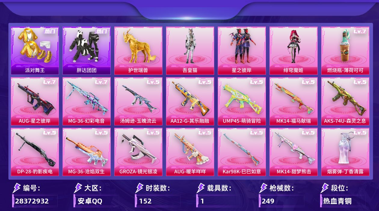 [28372932]【金鞋/哥特/地铁满天赋】安卓手Q-历史最高段位：超级王牌21星-3粉装-17特效枪-1载具-4粉色飞行器-72572热力值-12王牌印记-152套装-249枪皮
【热门品类】：套装-派对舞王，套装-胖达团团，套装-暗影哥特
【粉色套装】：粉装-星之彼岸，角色-绯穹魔姬，角色-吾皇猫
【粉色枪皮等级】：SCAR-L-时空协奏(三级)，GROZA-镜光银凌(五级)，AUG-星之彼岸(七级)，AUG-暖羊咩咩(五级)，UMP45-萌骑冒险(五级)，Vector-流风之羽(五级)，汤姆逊-玉魄流云(五级)，AKS-74U-森灵之息(五级)，Kar98K-巳巳如意(五级)，Mk14-甜梦熊击(五级)，Mk14-福马献瑞(五级)，AA12-G-其乐融融(五级)，DP-28-豹影疾电(五级)，MG-36-幻彩电音(七级)，MG-36-沧焰双生(五级)，烟雾弹-丁香清露(五级)，燃烧瓶-薄荷可可(七级)
【粉色载具】：护世瑞兽
【粉色枪皮】：SCAR-L-时空协奏，GROZA-镜光银凌，AUG-星之彼岸，AUG-暖羊咩咩，UMP45-萌骑冒险，Vector-流风之羽，汤姆逊-玉魄流云，AKS-74U-森灵之息，Kar98K-巳巳如意，Mk14-甜梦熊击，Mk14-福马献瑞，AA12-G-其乐融融，DP-28-豹影疾电，MG-36-幻彩电音，MG-36-沧焰双生，烟雾弹-丁香清露，燃烧瓶-薄荷可可
【粉色飞行器】：炫彩糖果飞行器，天之羽翼飞行器，凤舞九天飞行器，万象金身飞行器