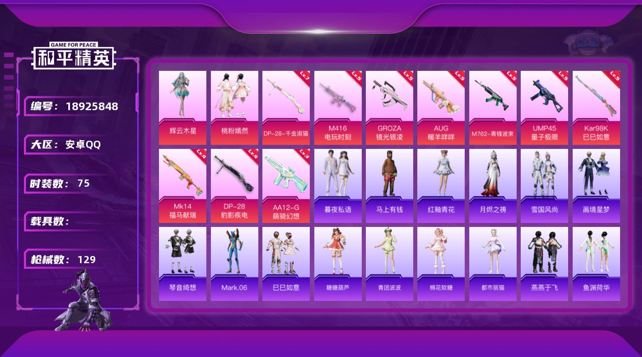 和平精英账号安卓QQ[18925848]安卓 手Q-2粉装-10特效枪-0载具-2粉色飞行器-39446热力值-2王牌印记-75套装-129枪皮
【热门品类】：角色-Mark.06
【粉色套装】：粉装-桃粉嫣然，角色-辉