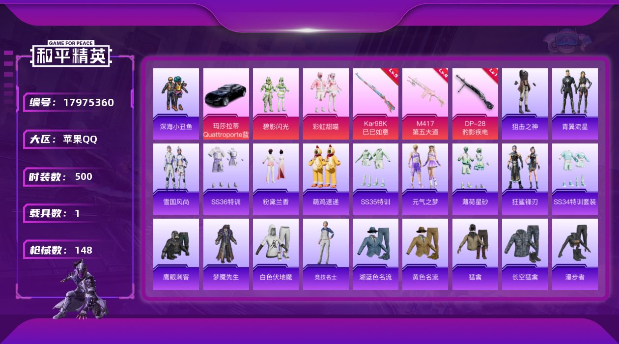 和平精英账号苹果QQ[17975360]2粉装 3特效枪 1载具 9印记 可二次 可修改实名 
【热门装扮】碧影闪光,彩