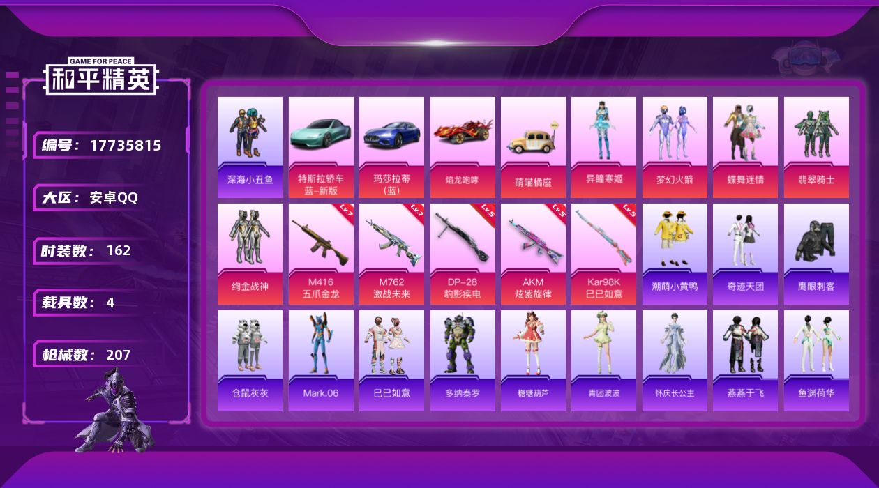 和平精英账号安卓QQ[17735815]可二次【特价出售/店主推荐】/绝世印记1/无敌战神框1 安卓 手Q-无敌战神框-5粉装-7特效枪-4载具-2粉色飞行器-67629热力值-12王牌印记-162套装-207枪皮【热门