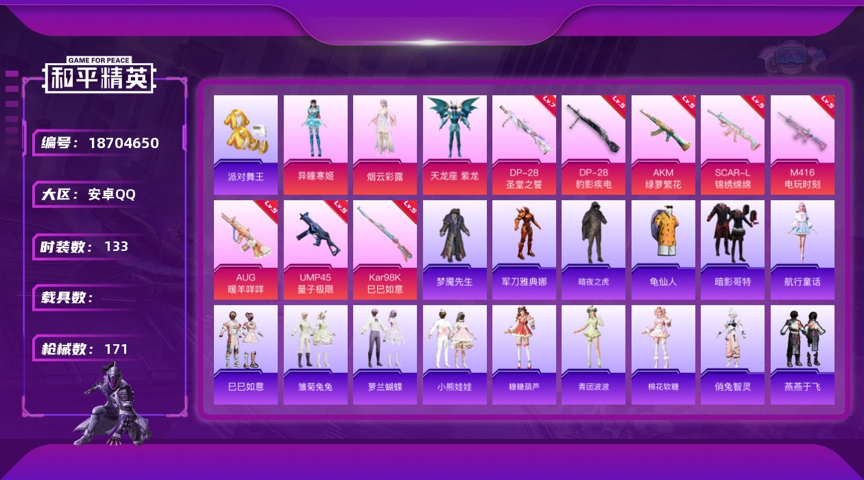 和平精英账号安卓QQ[18704650]安卓 手Q-3粉装-10特效枪-0载具-1粉色飞行器-49474热力值-16王牌印记-133套装-171枪皮
【热门品类】：套装-派对舞王，角色-军刀雅典娜，套装-暗夜之虎，套装-