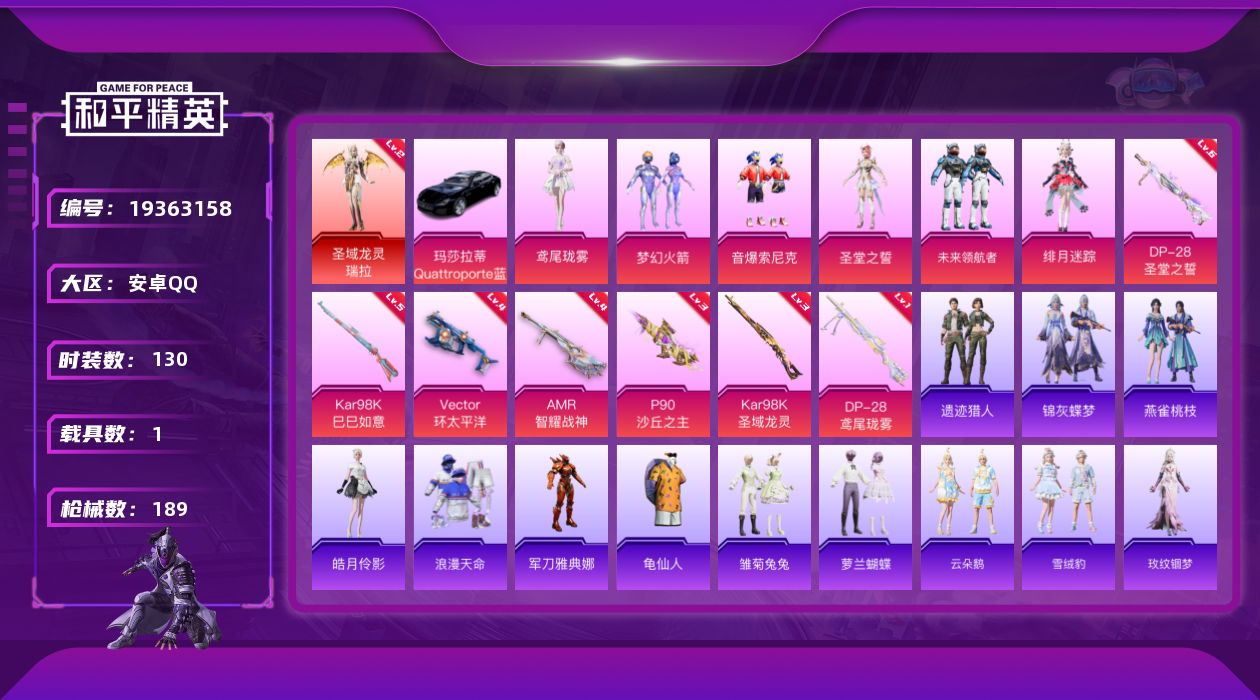 和平精英账号安卓QQ[19363158]130套装/枪械7/装备228/载具1/战备133/王牌印记8/热力值65650/四级Vector-环太平洋/三级P90-沙丘之主/五级Kar98K-巳巳如意/三级Kar98K-圣