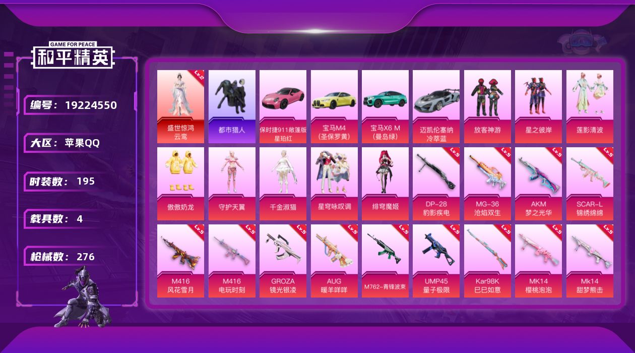 和平精英账号苹果QQ[19224550]苹果 手Q-1神装-8粉装-17特效枪-4载具-12粉色飞行器-102925热力值-16王牌印记-195套装-276枪皮
【红色神装等级】：盛世惊鸿-云鸾(二级)
【红色角色神装】