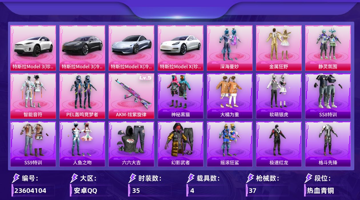 和平精英账号安卓QQ[23604104]安卓手Q-5粉装-1特效枪-4载具-4粉色飞行器-26448热力值-35套装-37枪皮【粉色套装】：粉装-深海曼妙，粉装-金属狂野，粉装-静灵氛围，粉装-智能音符，粉装-PEL轰鸣