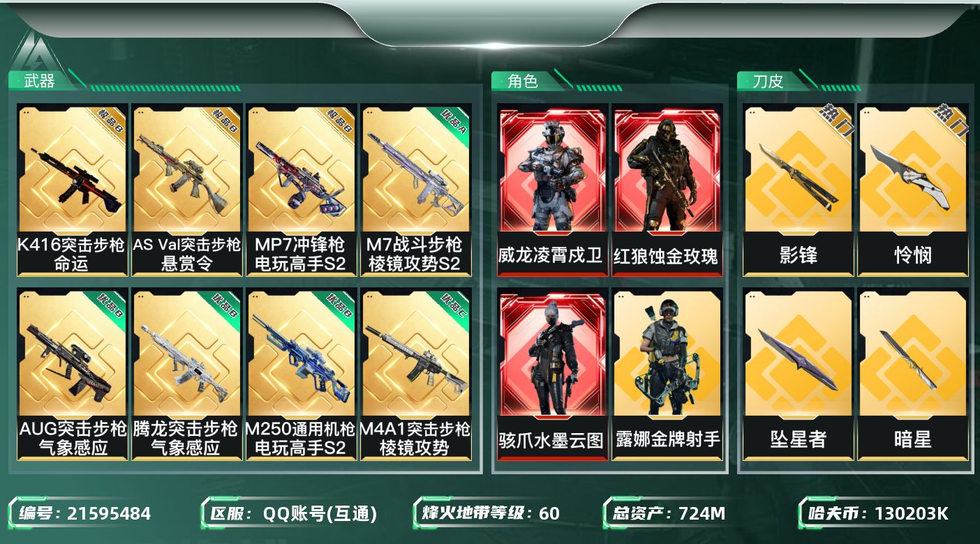 三角洲行动账号QQ[21595484]【6394】石1-724m总资产-130203k哈夫币-60烽火等级-黄金-33