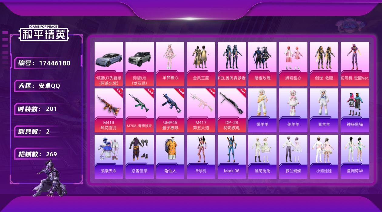 和平精英账号安卓QQ[17446180]【店主推荐捡漏号】安卓 手Q-7粉装-5特效枪-2载具-2粉色飞行器-84124热力值-11王牌印记-201套装-269枪皮【热门品类】：套装-浪漫天命，套装-忍者信条，套装-龟仙