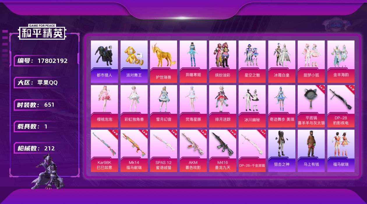 和平精英账号苹果QQ[17802192]13粉装 8特效枪 1载具 11印记 可二次 可修改实名 
【热门装扮】奇迹舞步