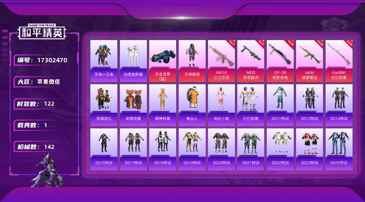 和平精英账号苹果微信[17302470]【特价出售/店主推荐】苹果 微信-1粉装-5特效枪-1载具-2粉色飞行器-43201热力值-11王牌印记-122套装-142枪皮
【热门品类】：套装-深海小丑鱼，套装-动感兔斯基人