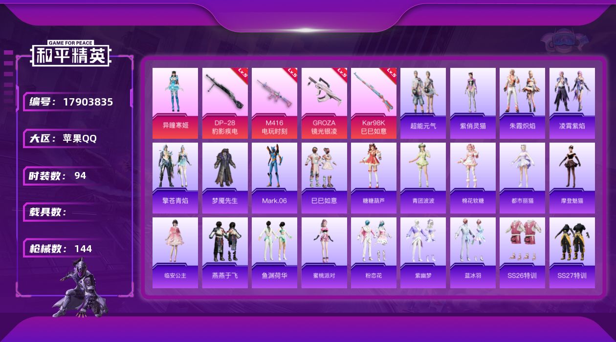 和平精英账号苹果QQ[17903835]【特价出售/店主推荐】苹果 手Q-1粉装-7特效枪-3粉色飞行器-40982热力值-11王牌印记-94套装-144枪皮【热门品类】：角色-Mark.06【粉色套装】：角色-异瞳寒姬