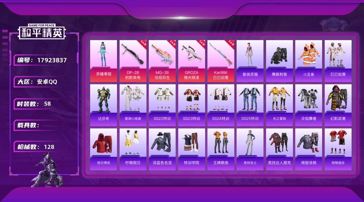 和平精英账号安卓QQ[17923837]安卓 手Q-2粉装-7特效枪-0载具-2粉色飞行器-30345热力值-4王牌印记-58套装-128枪皮
【热门品类】：套装-小丑鱼
【粉色套装】：角色-异瞳寒姬，角色-罪夜之冕
【