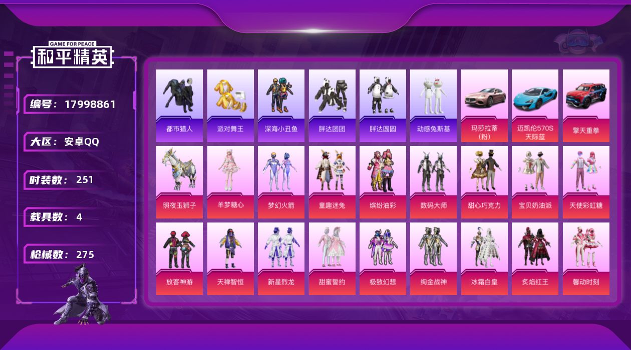 和平精英账号安卓QQ[17998861]"DFX555 可二次 安卓Q-5稀有4载具44粉装12特效枪24热门251套装275枪皮 117596热力值 13印记 历史绝世王牌17星  都市猎人 浪漫天命 派对舞王（金靴子