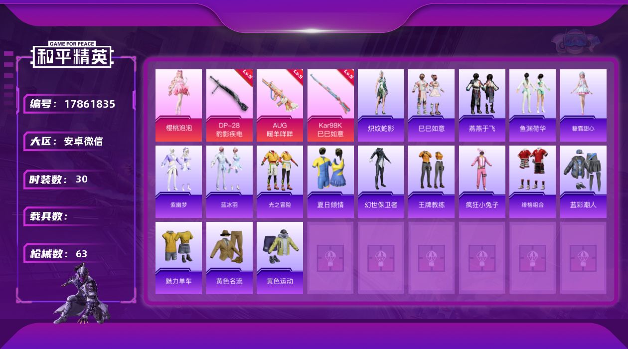 和平精英账号安卓微信[17861835]地铁满天赋！！！【特价出售/店主推荐】安卓 微信-1粉装-4特效枪-0载具-1粉色飞行器-16161热力值-2王牌印记-30套装-63枪皮
【粉色套装】：角色-樱桃泡泡
【粉色枪皮