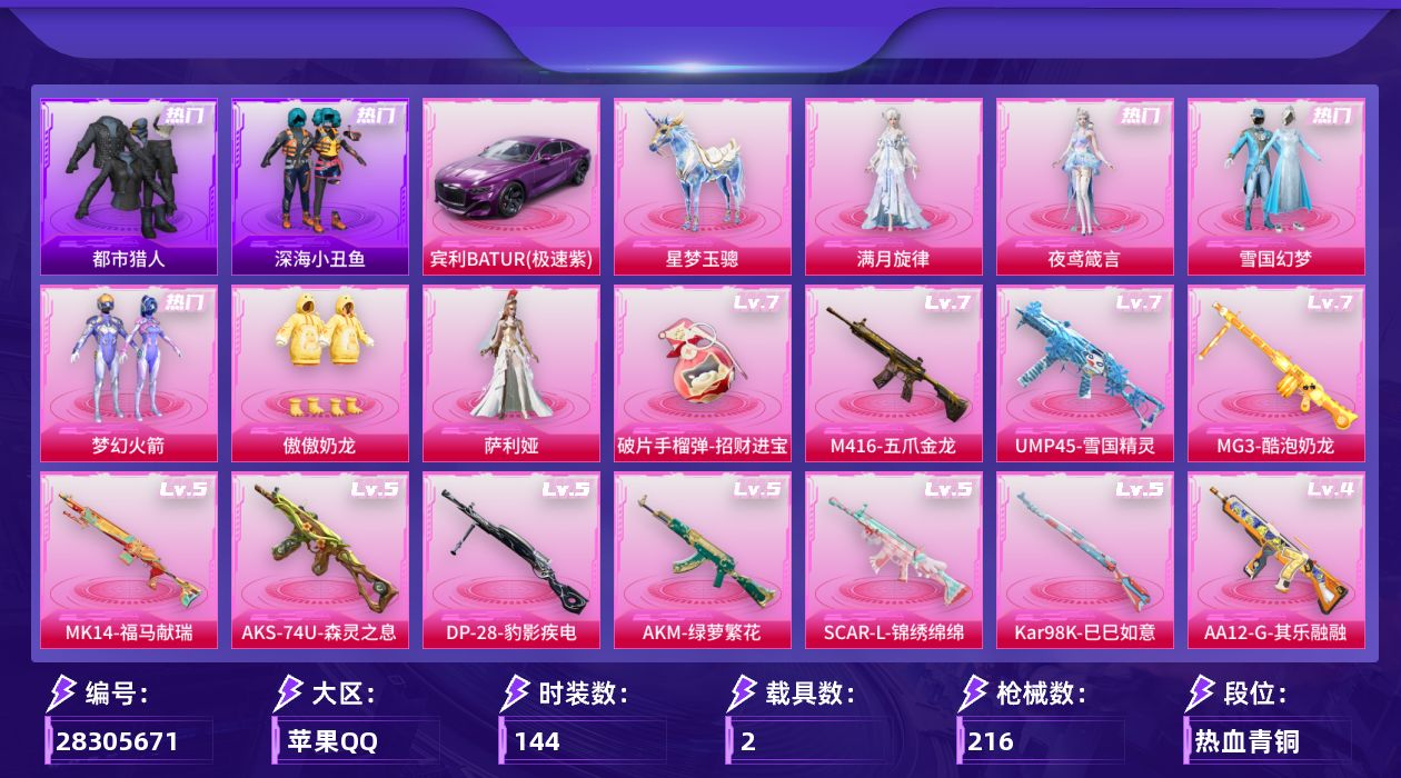 [28305671]苹果手Q-历史最高段位：传奇王牌20星-6粉装-14特效枪-2载具-1粉色飞行器-70548热力值-15王牌印记-144套装-216枪皮
【热门品类】：粉装-雪国幻梦，粉装-梦幻火箭，套装-浪漫天命，套装-都市猎人，套装-深海小丑鱼，套装-小丑鱼，套装-龟仙人，套装-暗影哥特，套装-粉红小猪，熔岩游骑兵连帽夹克，套装-红熊茄茄
【粉色套装】：角色-满月旋律，粉装-雪国幻梦，粉装-梦幻火箭，粉装-傲傲奶龙，角色-萨利娅，角色-夜鸢箴言
【粉色枪皮等级】：AKM-绿萝繁花(五级)，SCAR-L-锦绣绵绵(五级)，M416-五爪金龙(七级)，AUG-星梦奇缘(三级)，UMP45-雪国精灵(七级)，Vector-流风之羽(五级)，AKS-74U-森灵之息(五级)，Kar98K-巳巳如意(五级)，Mk14-福马献瑞(五级)，AA12-G-萌骑幻想(一级)，AA12-G-其乐融融(四级)，DP-28-豹影疾电(五级)，MG3-酷泡奶龙(七级)，破片手榴弹-招财进宝(七级)
【粉色载具】：宾利BATUR（极速紫），星梦玉骢
【粉色枪皮】：AKM-绿萝繁花，SCAR-L-锦绣绵绵，M416-五爪金龙，AUG-星梦奇缘，UMP45-雪国精灵，Vector-流风之羽，AKS-74U-森灵之息，Kar98K-巳巳如意，Mk14-福马献瑞，AA12-G-萌骑幻想，AA12-G-其乐融融，DP-28-豹影疾电，MG3-酷泡奶龙，破片手榴弹-招财进宝
【粉色飞行器】：满月旋律飞行器
【粉色降落伞】：绝对恒星降落伞，满月旋律降落伞，碎梦浮光降落伞，甜心宝贝降落伞，至尊龙雀降落伞，梦幻火箭降落伞，洛神天依降落伞，蓝莓炮弹降落伞，恐龙拽拽降落伞，彩虹甜喵降落伞，莲影清波降落伞，星梦奇缘降落伞，金蛇镇世降落伞，鬼刀降落伞，炫彩糖果降落伞
【稀有套装】：套装-龟仙人，套装-雪国风尚，套装-马上有钱，套装-迅捷龙虾，套装-云宝联名款，套装-其乐融融，套装-彩旗巡礼，套装-恋语绒绒，套装-银辉夜曲，套装-流萤和鸣，套装-香桃花海，套装-燕燕于飞，套装-鱼渊荷华，套装-星影赞美诗，套装-朱霞炽焰，套装-凌霄紫焰，套装-擎苍青焰，角色-紫俏灵猫，套装-书海巡游，套装-画境星梦，套装-琴音绮想，角色-霜刃之御，角色-月烬之祷，套装-雨过天青，套装-红釉青花，角色-苍鸢海境，套装-风纪星徽，套装-薄荷书签，套装-