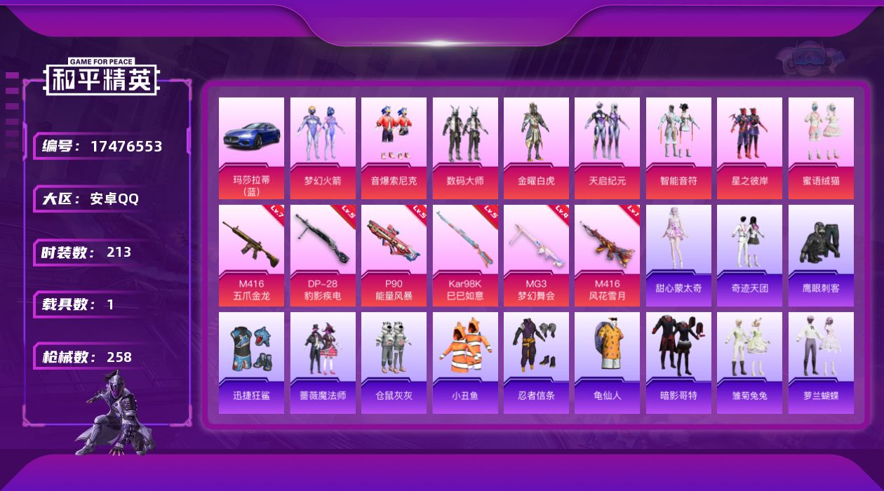 和平精英账号安卓QQ[17476553]安卓 手Q-8粉装-9特效枪-1载具-5粉色飞行器-84050热力值-9王牌印记-213套装-258枪皮【热门品类】：粉装-梦幻火箭，粉装-音爆索尼克，套装-小丑鱼，套装-忍者信条