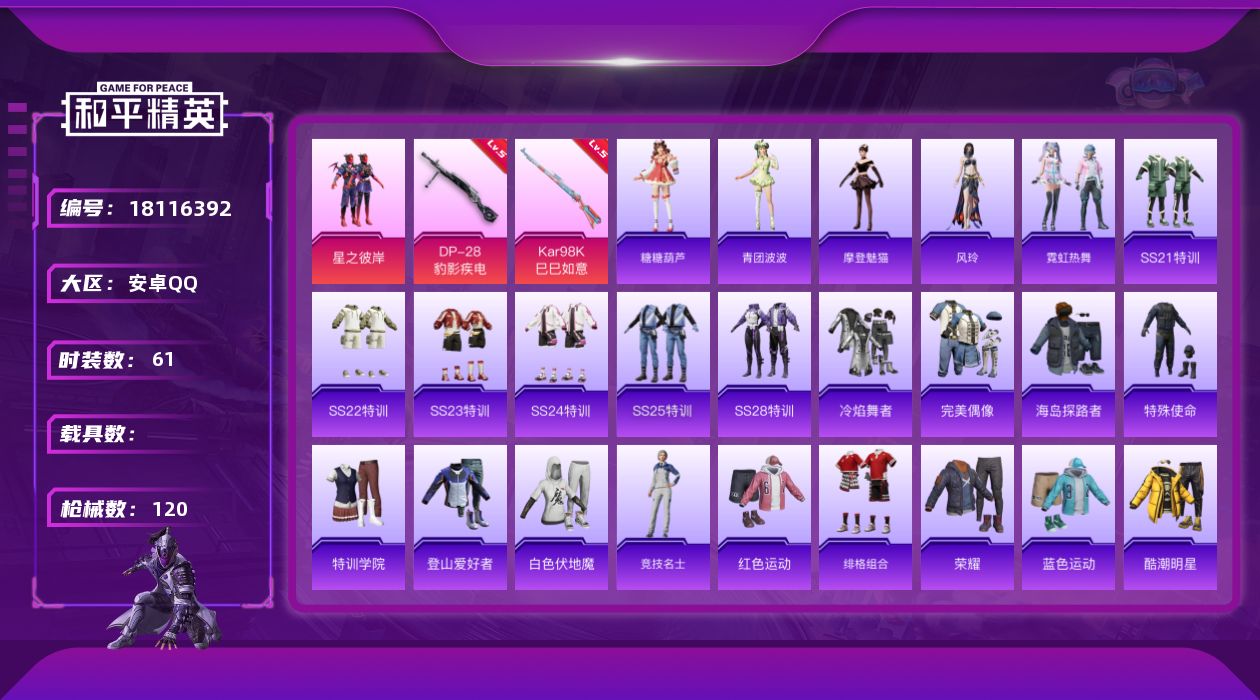 和平精英账号安卓QQ[18116392]安卓 手Q-1粉装-4特效枪-0载具-1粉色飞行器-29617热力值-1王牌印记-61套装-120枪皮
【粉色套装】：粉装-星之彼岸
【粉色枪皮等级】：ACE32-萌骑漫游(四级)