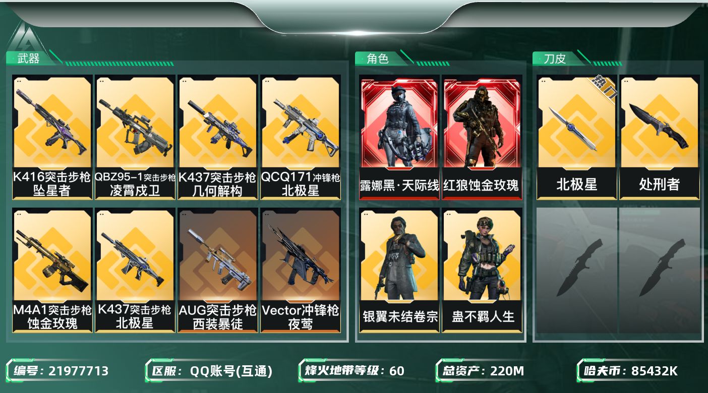 三角洲行动账号QQ【wf1196】wf1196 总资产220M 流动177M 2红 1刀 8金 蚀金玫瑰 黑天际线 北