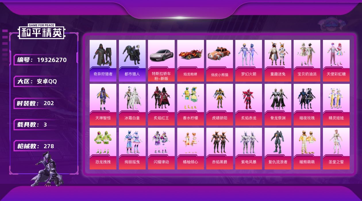 和平精英账号安卓QQ[19326270]安卓 手Q-无敌战神框-22粉装-10特效枪-3载具-2粉色飞行器-95997热力值-19王牌印记-202套装-278枪皮
【热门品类】：粉装-梦幻火箭，粉装-童趣迷兔，绝对防御上