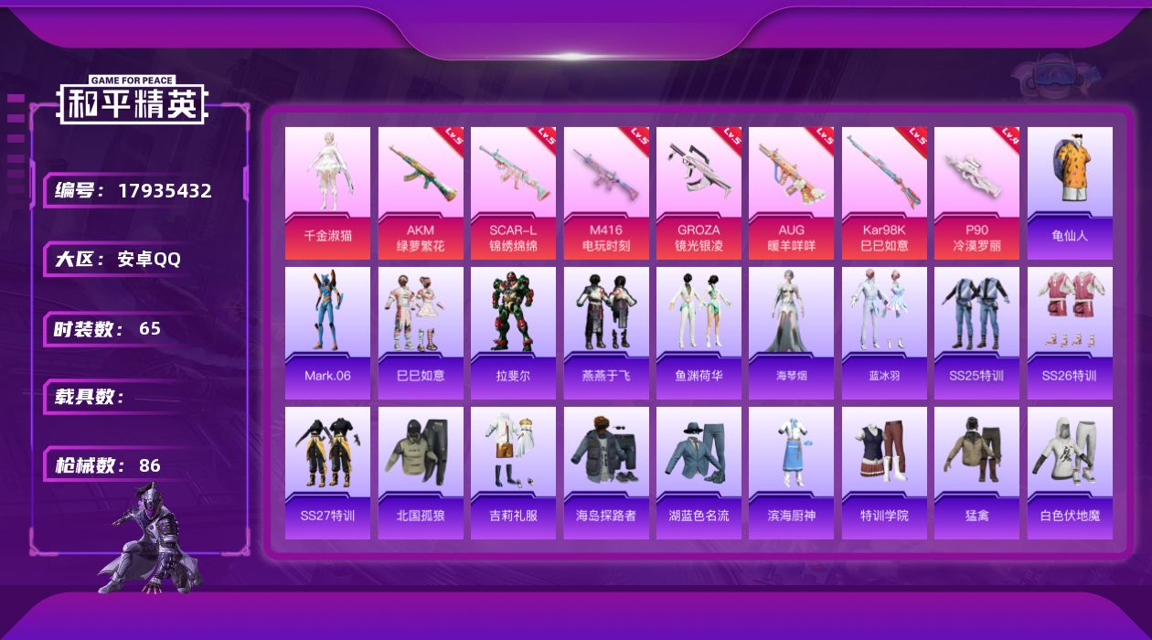 和平精英账号安卓QQ[17935432]【特价出售/店主推荐】安卓 手Q-1粉装-7特效枪-0载具-0粉色飞行器-28088热力值-3王牌印记-65套装-86枪皮
【热门品类】：套装-龟仙人，角色-Mark.06
【粉色